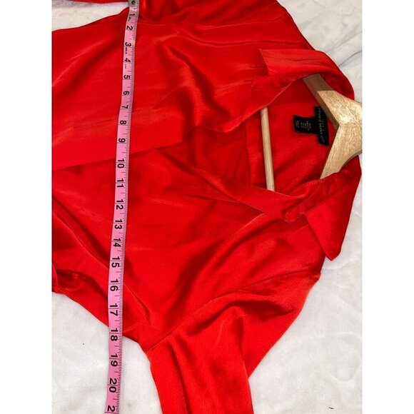 HOUSE OF HARLOW Front Rhinestone Buckle Satin Wrap 35" Mini Dress in Red XS - Picture 8 of 11